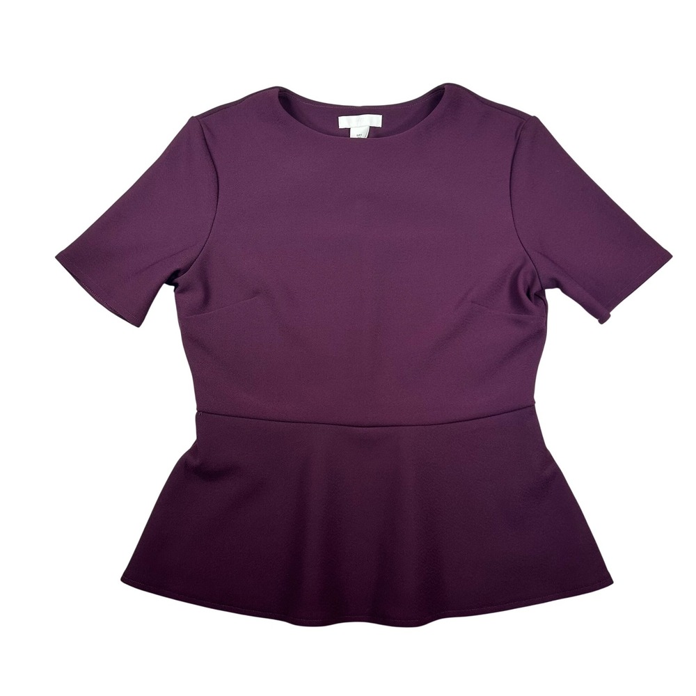 H&M Womens Plum Purple Peplum Top Short Sleeve Crepe Blouse Size S